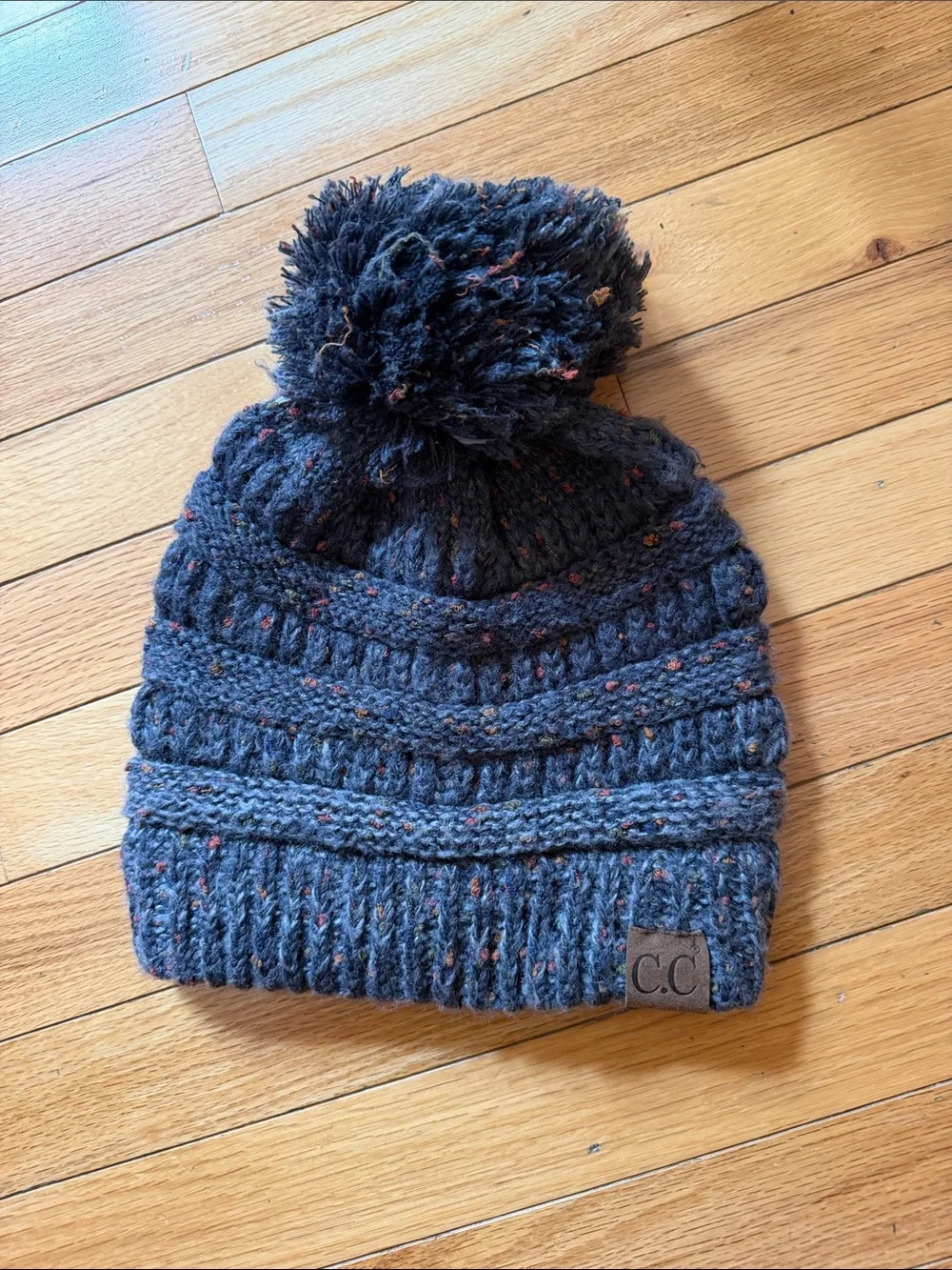 C.C Knit Pom Beanie in Navy with Multicolor Flecks